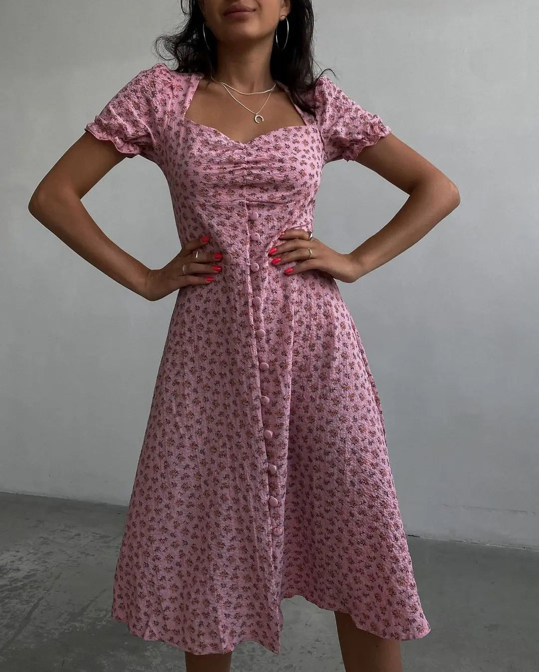 Summer Vintage Puff Sleeve Floral Dress Women Side Split Long Dress Female image 4