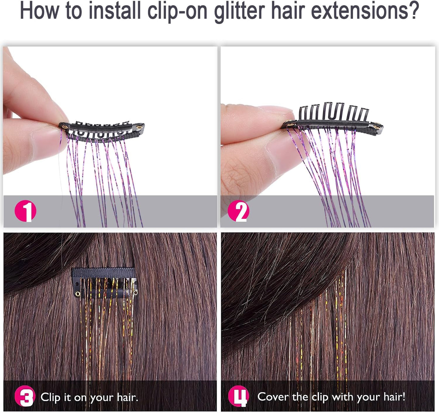 LANCAINI Clip-in Hair Tinsel Extensions Pack of 12 clips 20 Inch, image 3