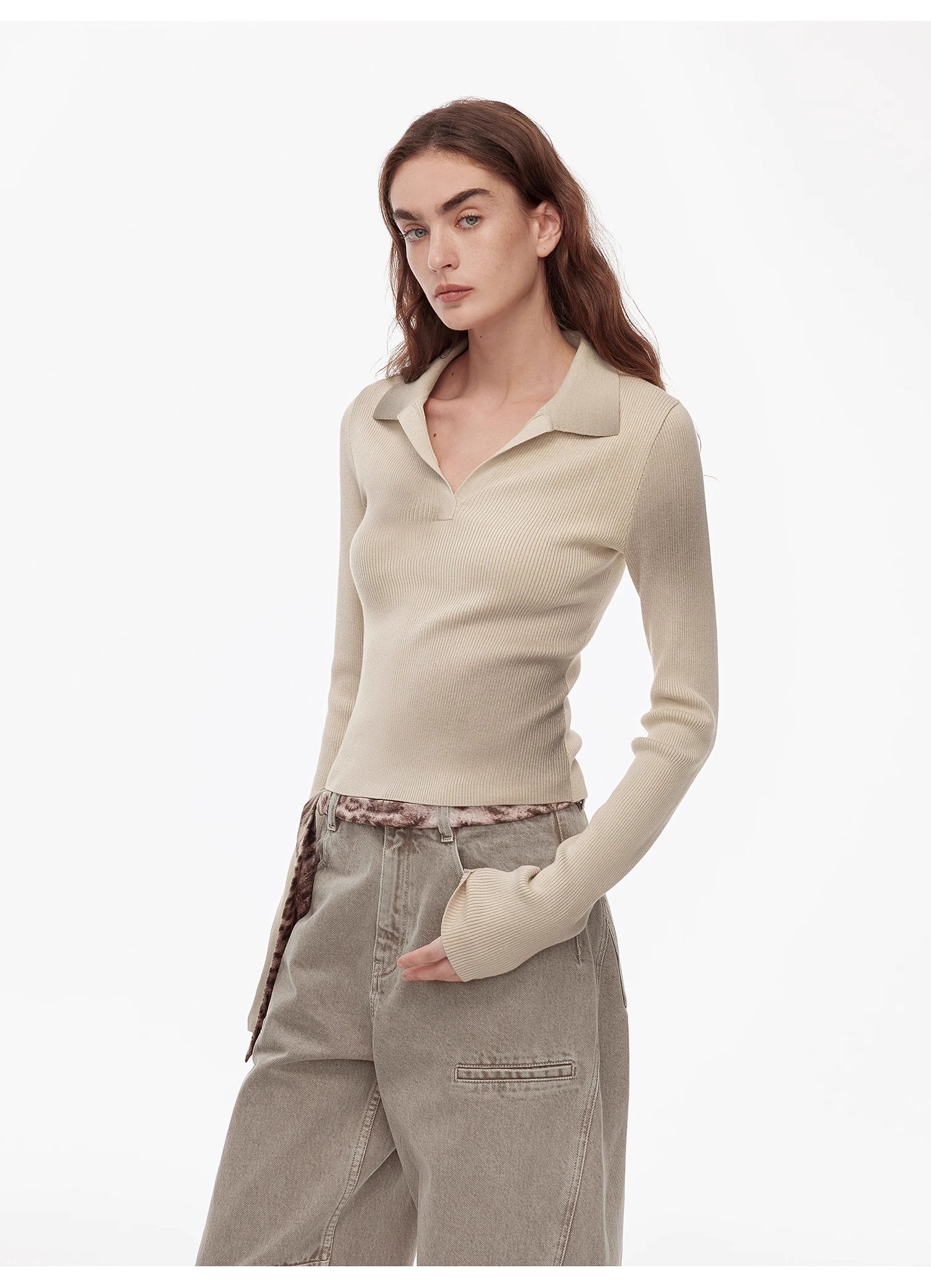 "Artistic Abstract" Sfumato Distressed Printed Merino Wool Waisted Polo Collar image 7