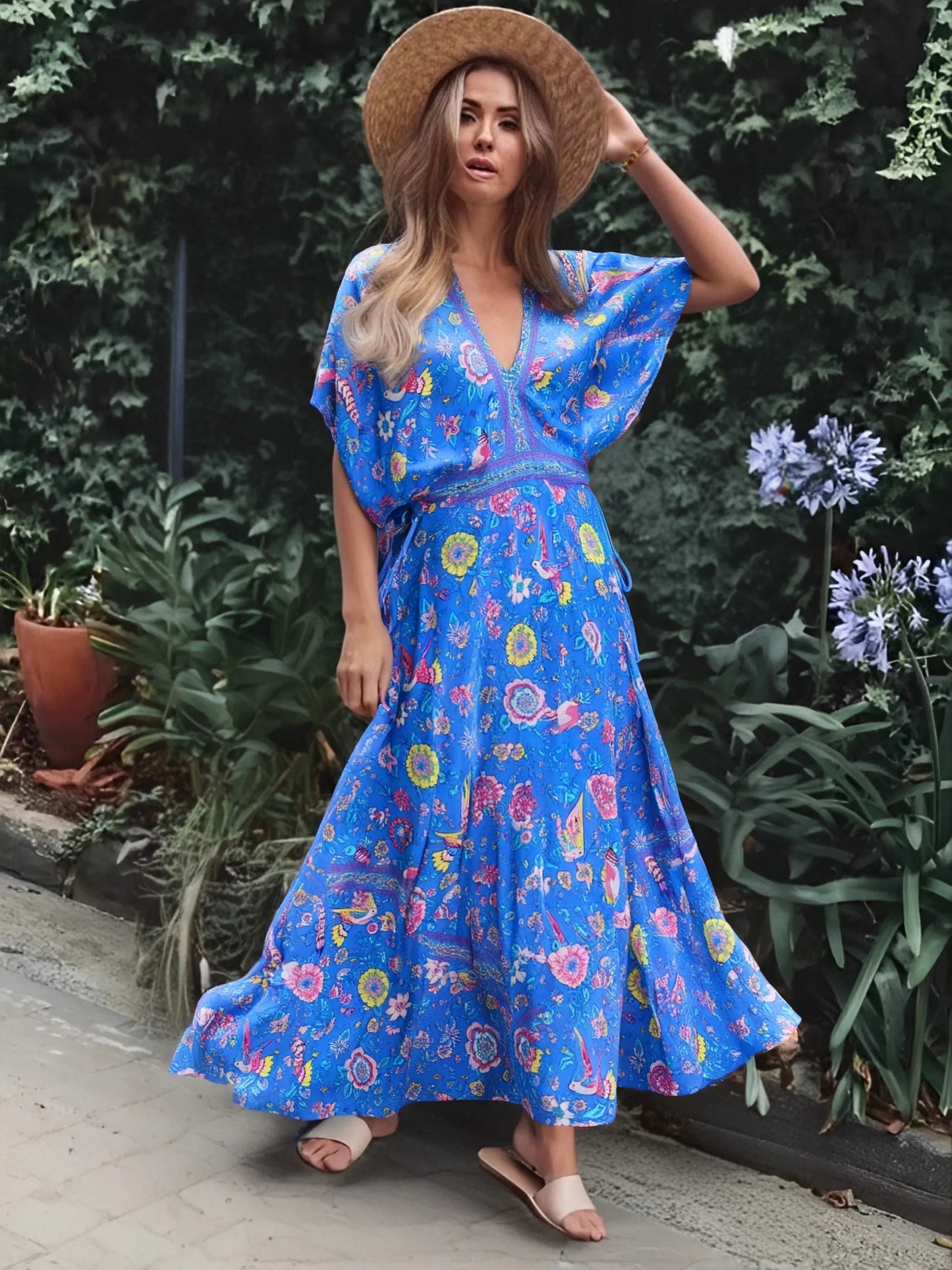 Boho Queens Women Peacock Floral Print Bat Sleeve Beach Bohemian  Maxi Dresses image 5