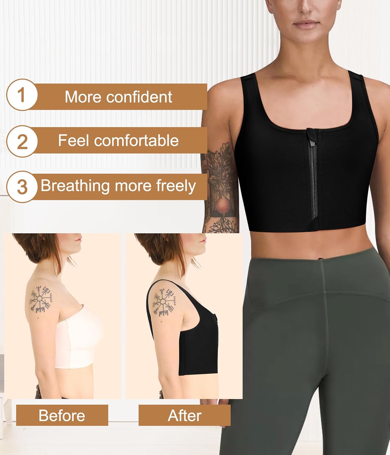 Junlan FTM Zipper Chest Binder, Breathable Compression Tank Top for Transgender image 2