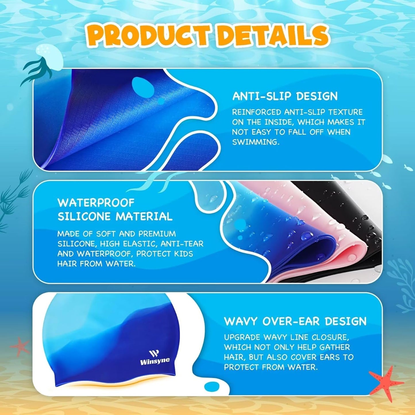 3-Pack Silicone Swim Caps for Kids: Waterproof Protection, Keeps Hair Dry, Ages image 10
