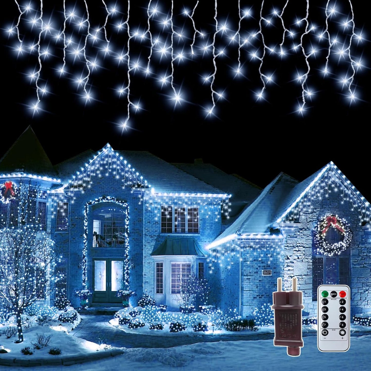 PEMOTech 423 LED Christmas Icicle Lights – 8 Modes, 5m Lead Wire, Outdoor image 0