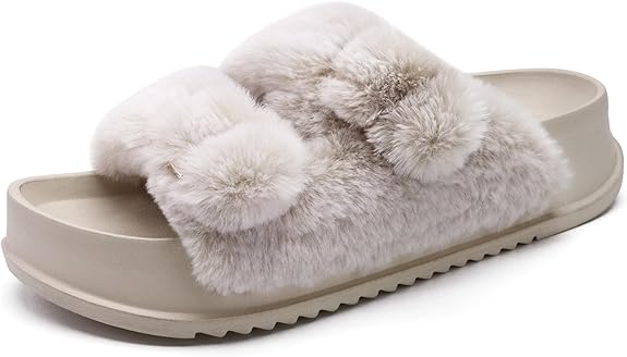 KuaiLu Women’s Fluff Platform Open Toe Slipper with Arch Support image 5