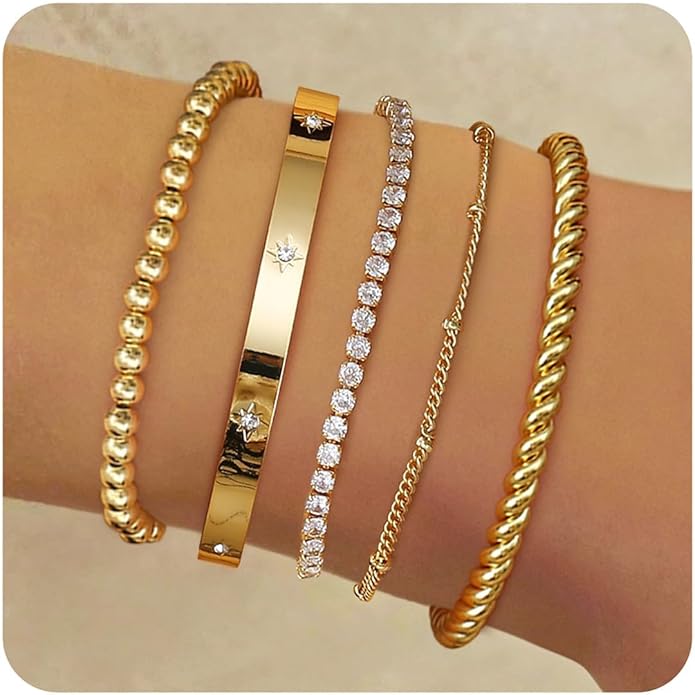 Elegant 14K Gold Plated Stacking Bracelet Set for Women - 5-Piece Hypoallergeni image 5
