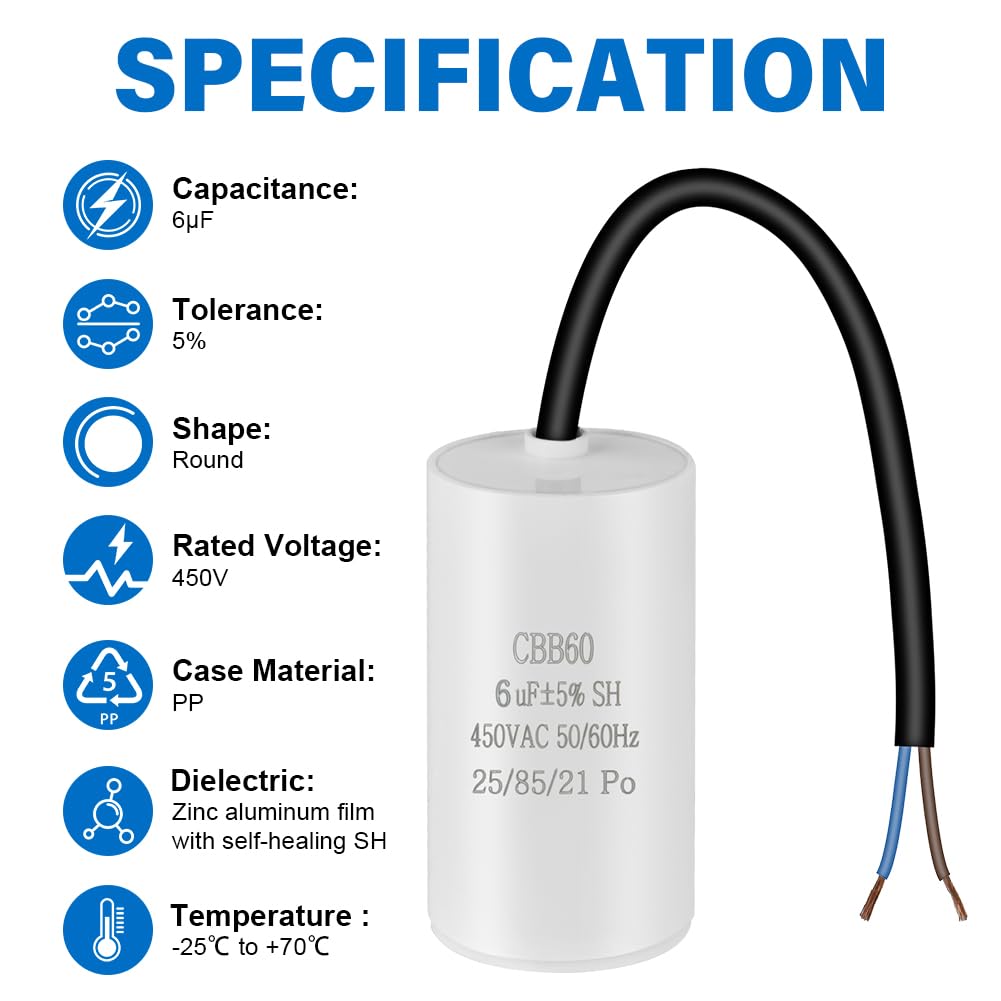OFFCUP CBB60 Motor Run Start Capacitor 6μF 450V for Air Compressors image 5