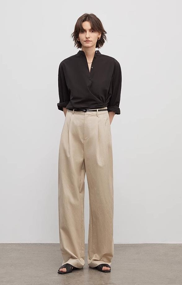 Spliced Double-Pleat Wide-Leg Trousers Straight-Leg Trousers for Women image 0