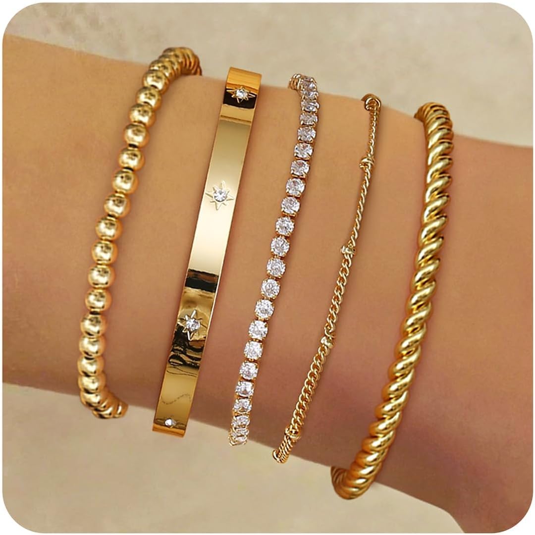 Elegant 14K Gold Plated Stacking Bracelet Set for Women - 5-Piece Hypoallergeni image 0