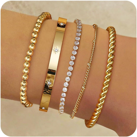 Elegant 14K Gold Plated Stacking Bracelet Set for Women - 5-Piece Hypoallergeni image 0