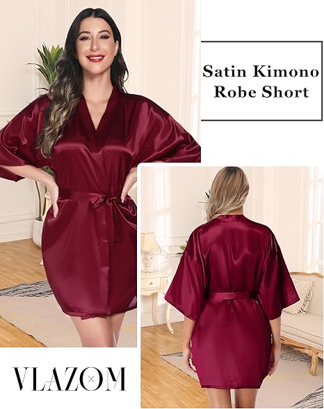 Vlazom Womens Kimono Robes Dressing Gown Satin Bathrobe image 0