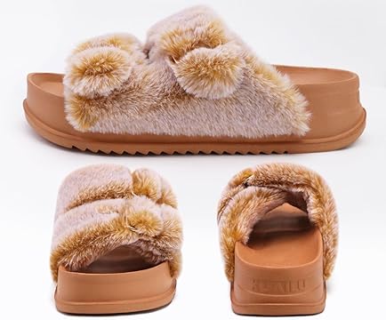 KuaiLu Women’s Fluff Platform Open Toe Slipper with Arch Support image 2