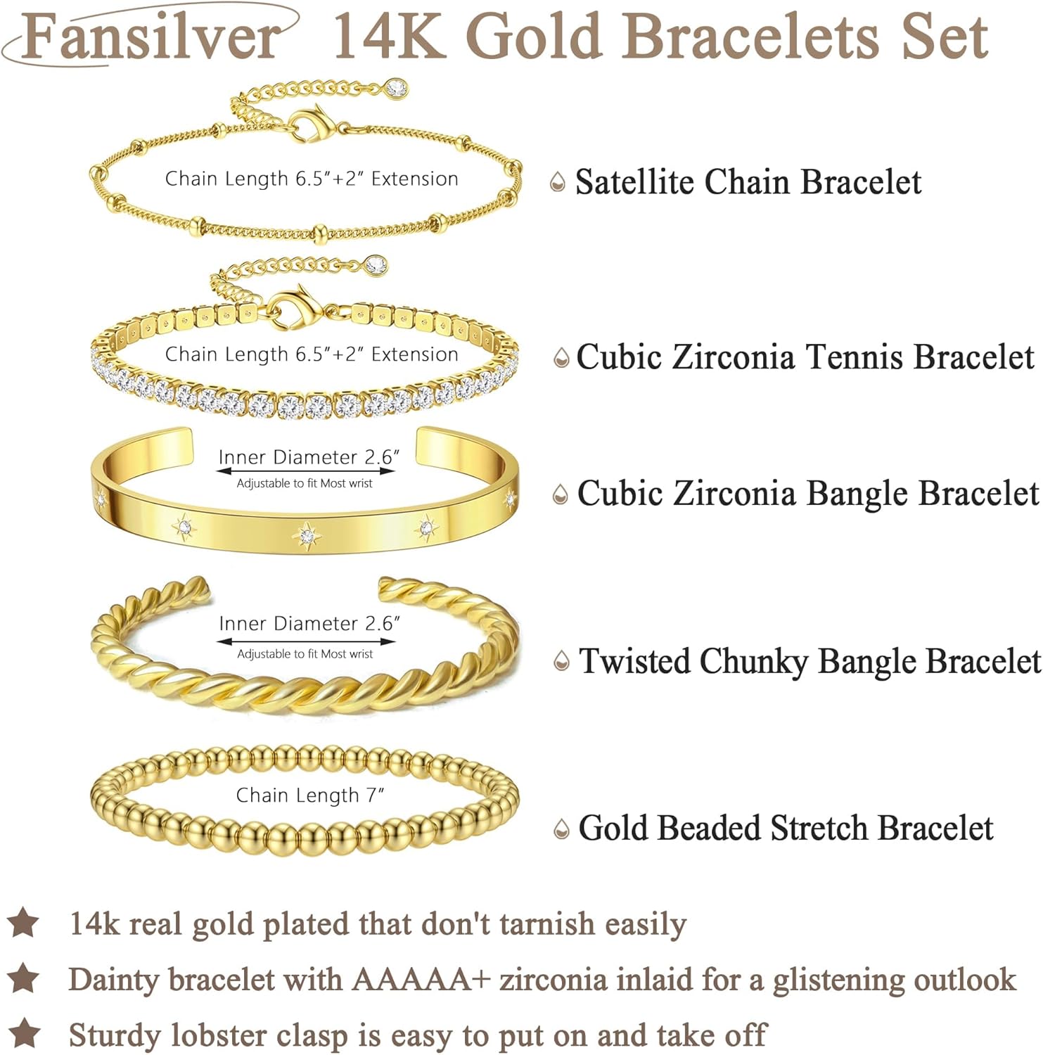 Elegant 14K Gold Plated Stacking Bracelet Set for Women - 5-Piece Hypoallergeni image 11
