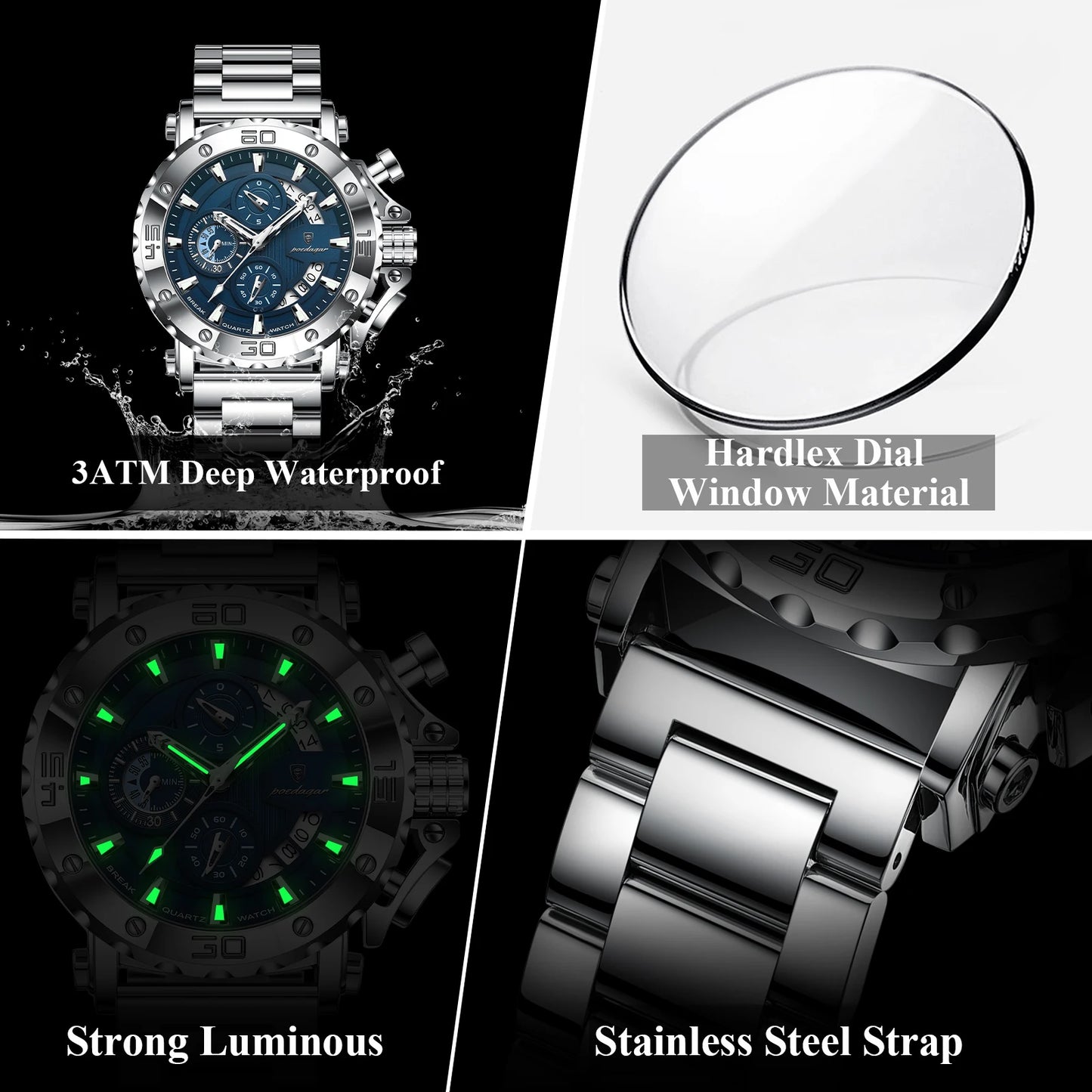 POEDAGAR Luxury Watch for Men Man Male Chronograph Stainless Steel Men's Quartz image 3