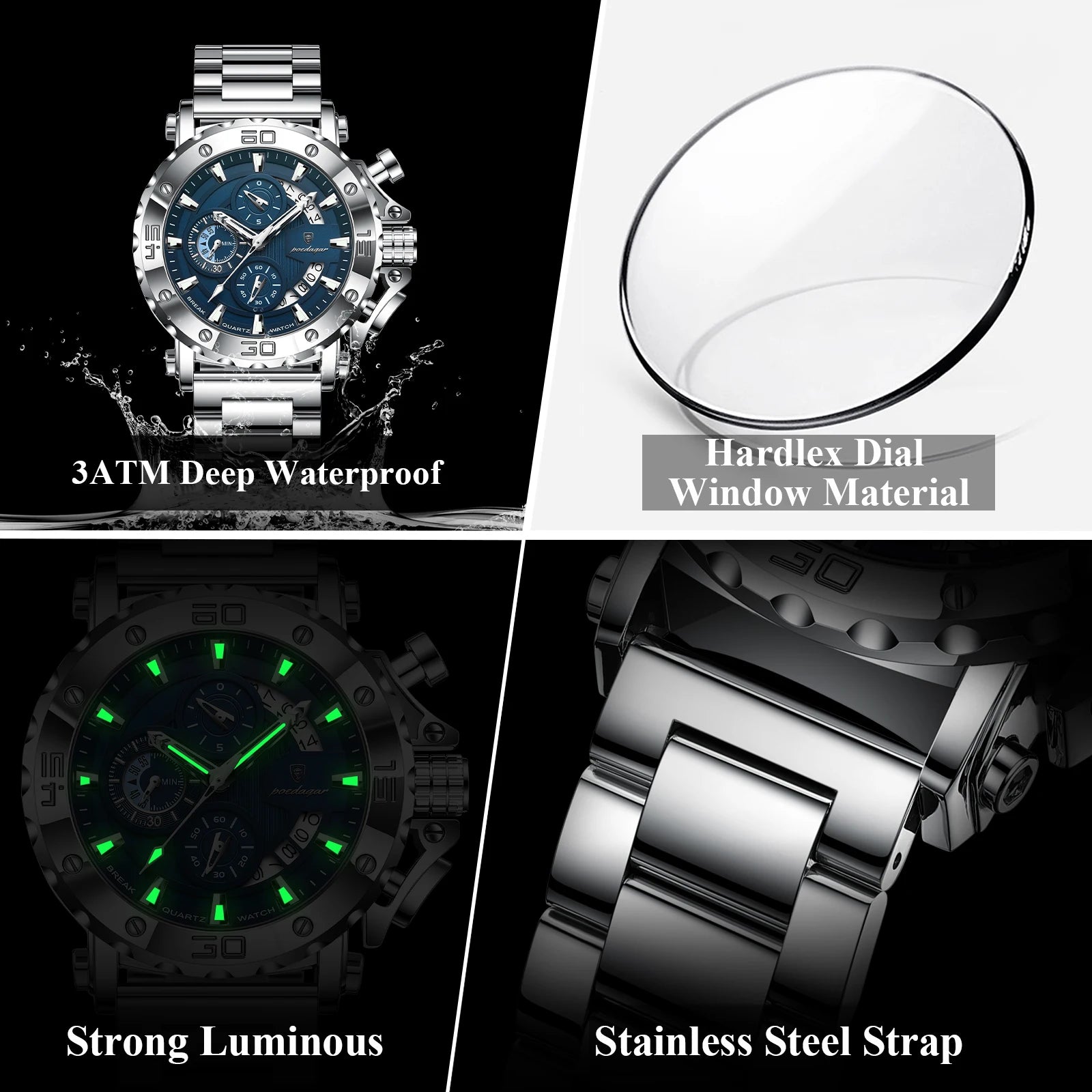 POEDAGAR Luxury Watch for Men Man Male Chronograph Stainless Steel Men's Quartz image 3