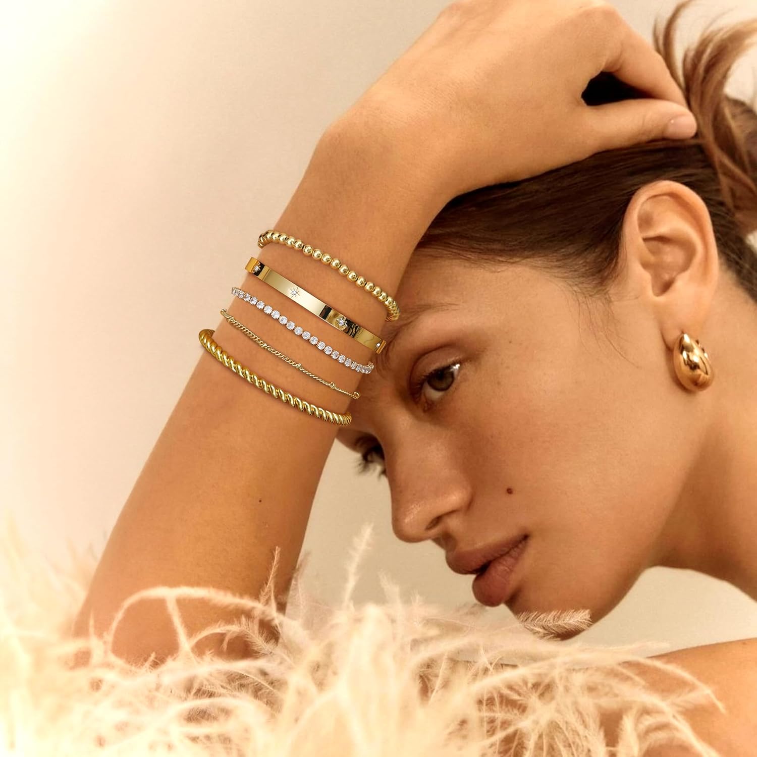 Elegant 14K Gold Plated Stacking Bracelet Set for Women - 5-Piece Hypoallergeni image 3