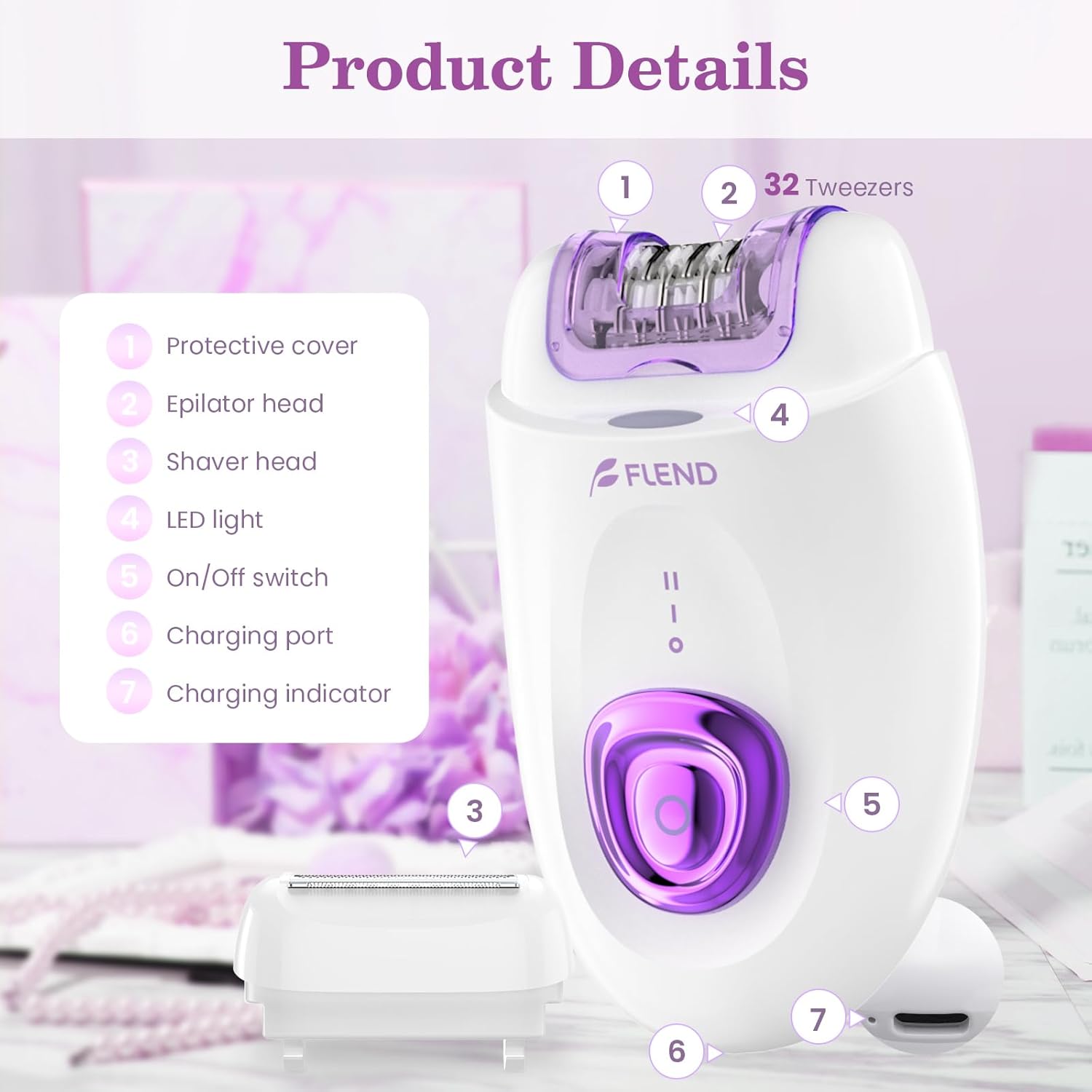 Flend 2-in-1 Cordless Facial Epilator & Shaver – 32 Tweezers, LED Light, USB image 4