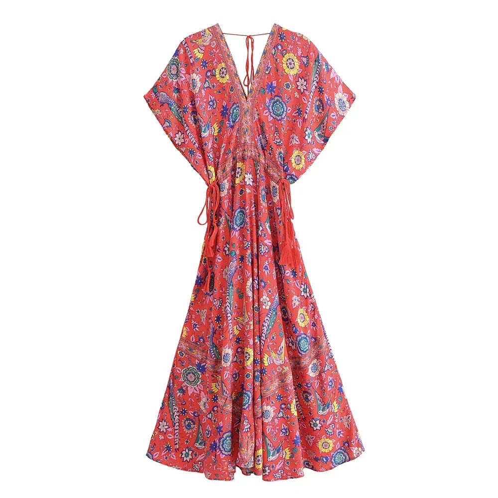 Boho Queens Women Peacock Floral Print Bat Sleeve Beach Bohemian  Maxi Dresses image 7