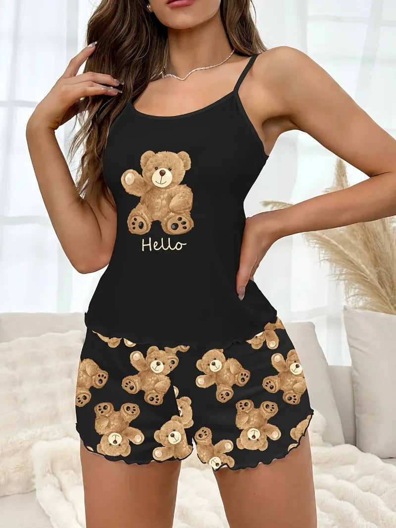 Summer Cute Black Bear Sling Crop Tops and Shorts Pajamas Set for Women's image 0