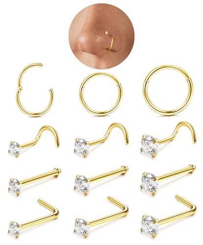 LOLIAS 12-Piece Surgical Steel CZ Nose Piercing Studs Hoops Set image 6