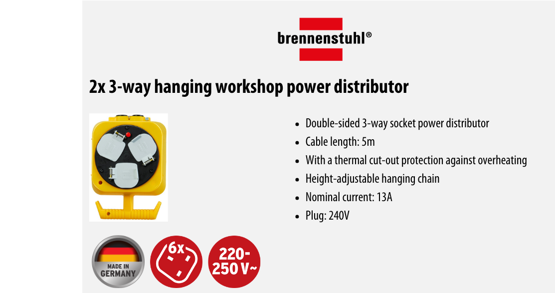 Brennenstuhl 2x 3-way hanging workshop power distributor 5m cable, double-sided image 2