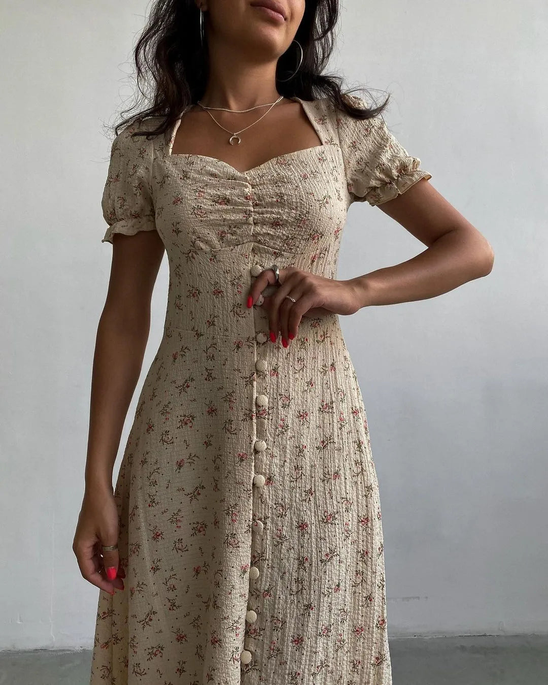 Summer Vintage Puff Sleeve Floral Dress Women Side Split Long Dress Female image 3