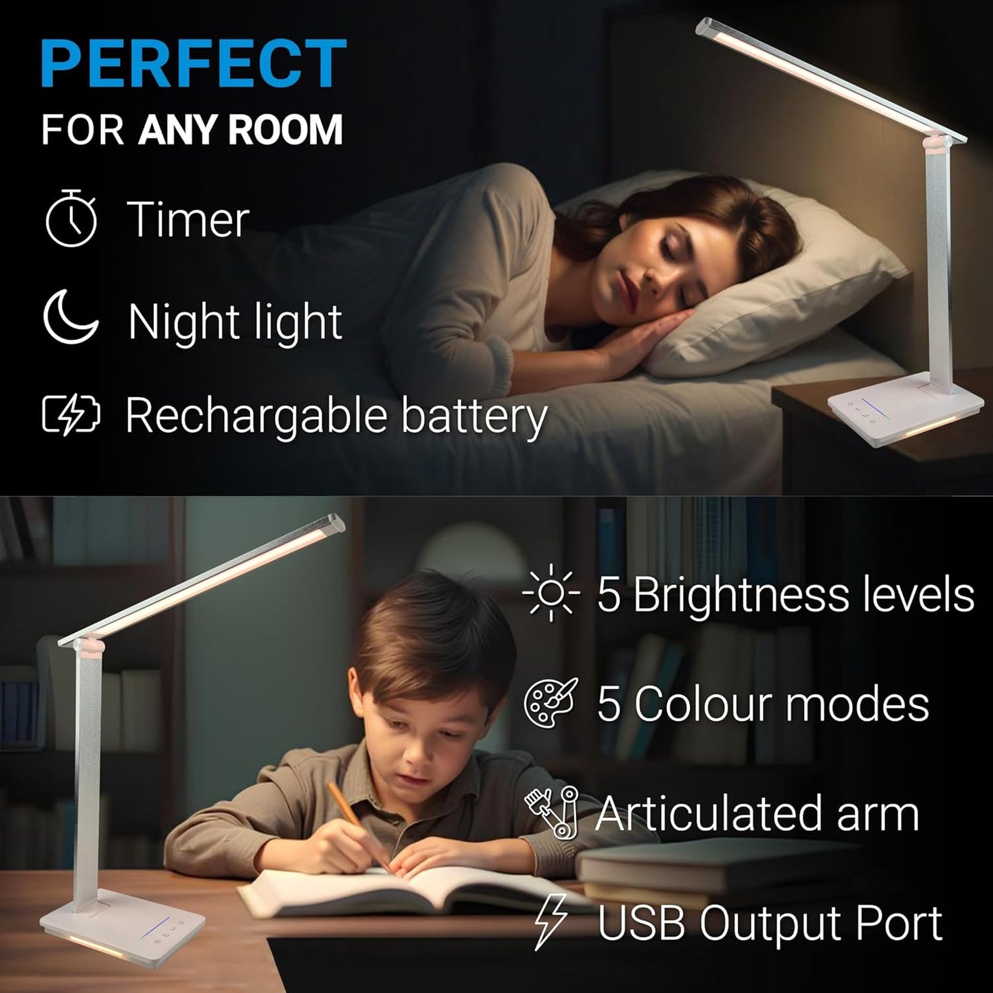 Maxter Silver Wireless LED Desk Lamp – 550 lumens, Touch Dimming, USB Charging image 5