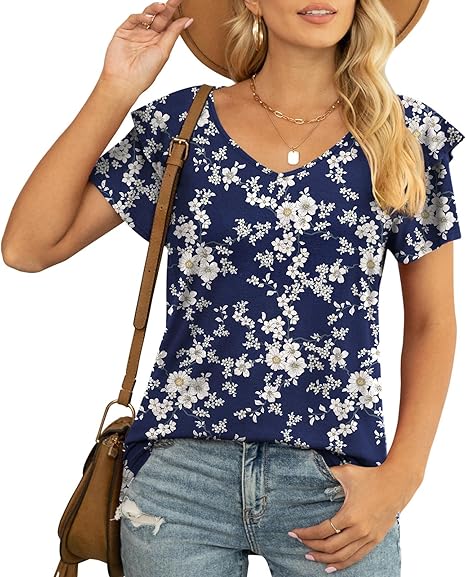 YVH Womens Summer Tops Casual V Neck Ruffle Short Sleeve T Shirts Loose Fit image 9