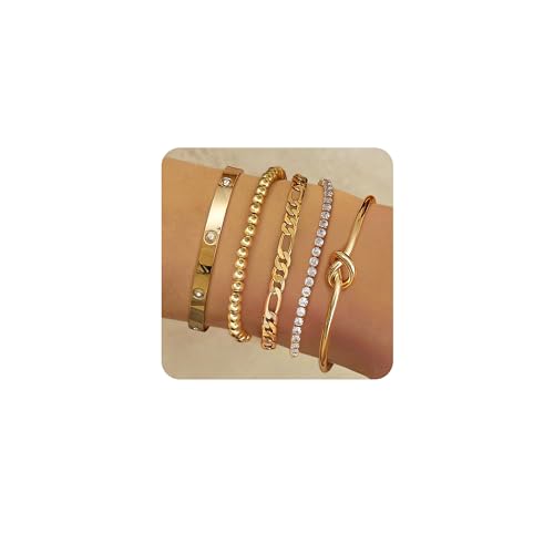 Elegant 14K Gold Plated Stacking Bracelet Set for Women - 5-Piece Hypoallergeni image 7