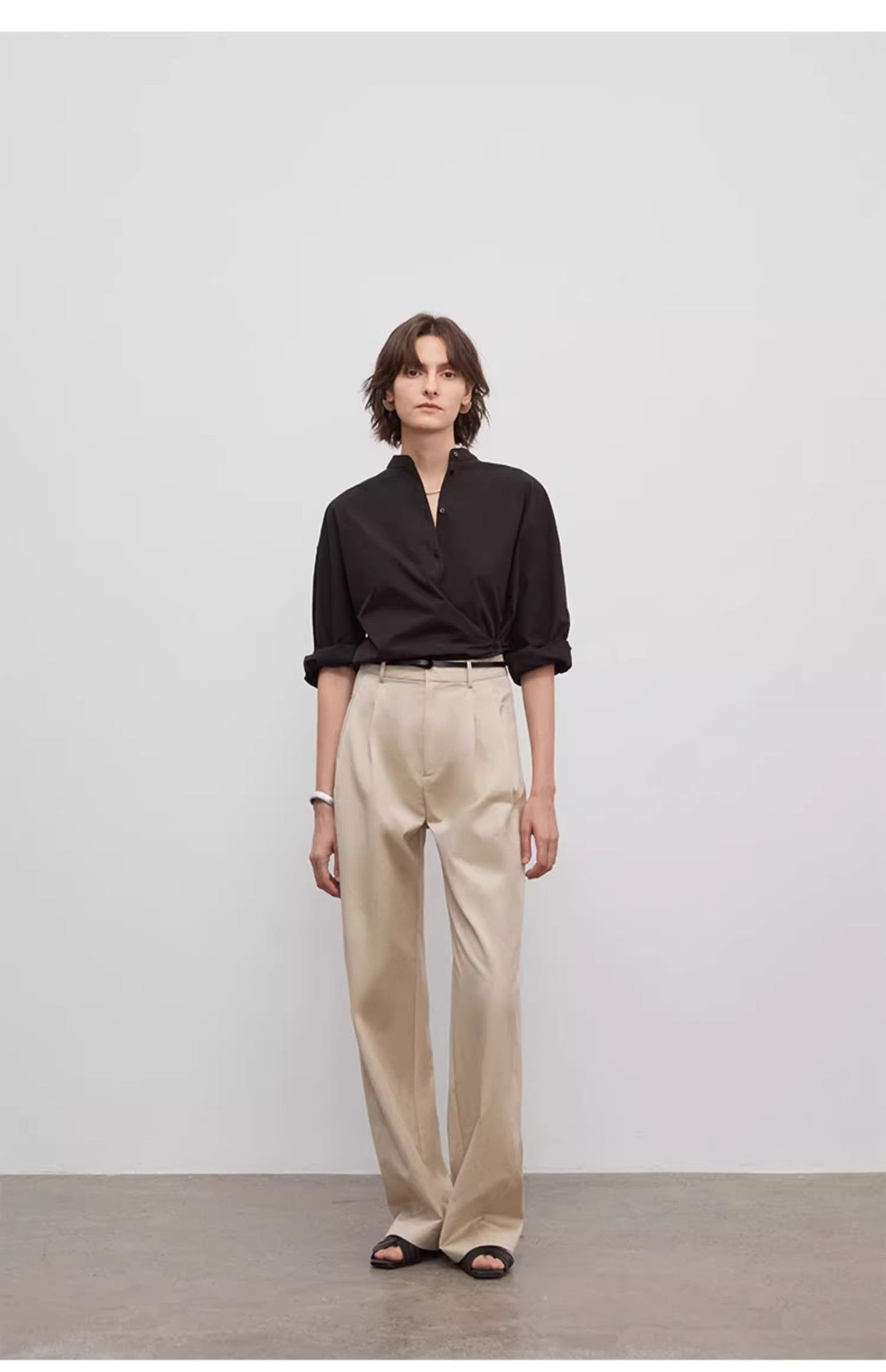 Spliced Double-Pleat Wide-Leg Trousers Straight-Leg Trousers for Women image 6