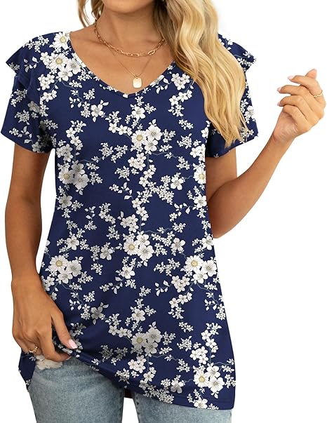 YVH Womens Summer Tops Casual V Neck Ruffle Short Sleeve T Shirts Loose Fit image 10