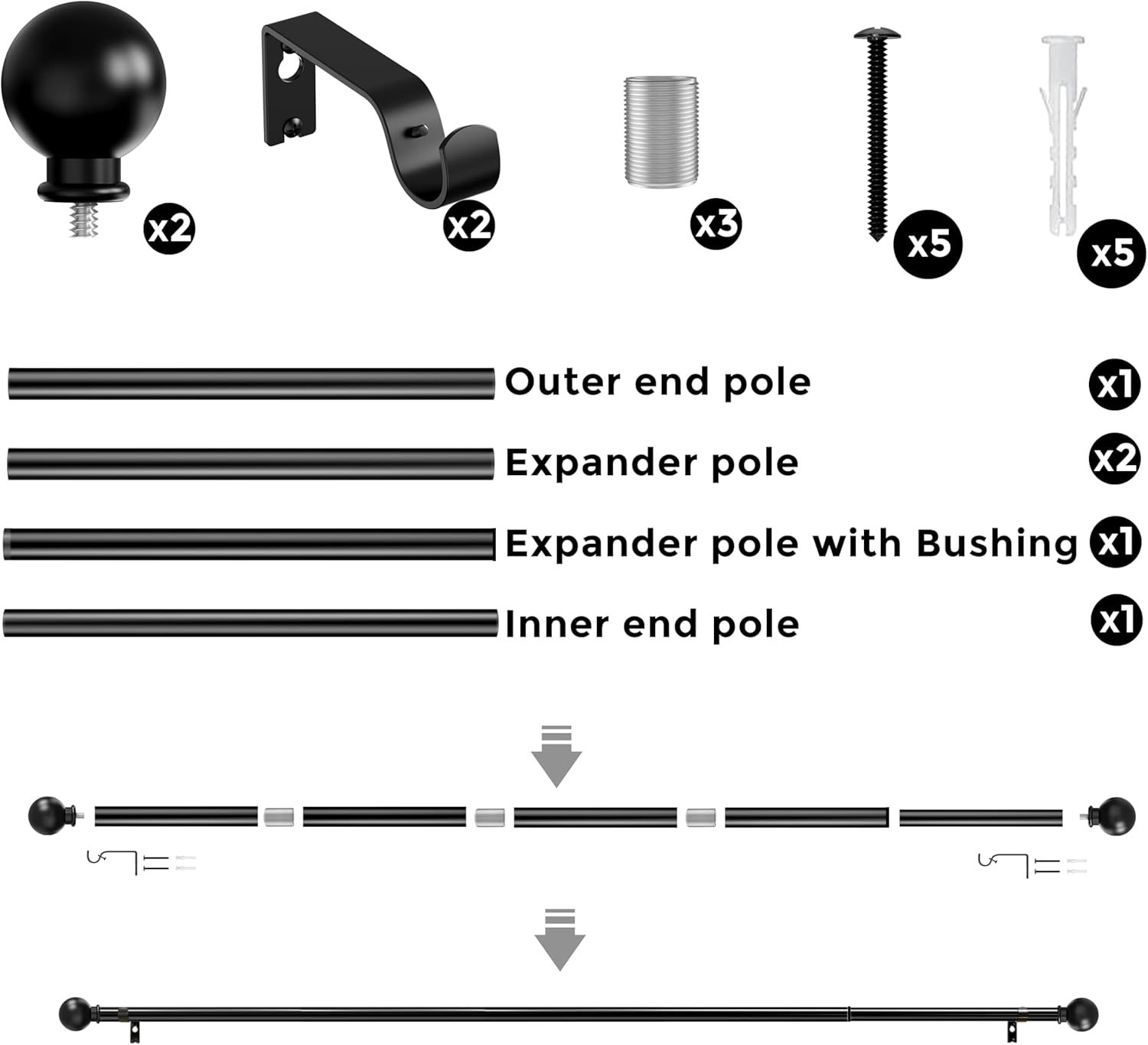 Adjustable Curtain Pole,Rod Length 80 to 214cm (32-84 inch), Black Curtain Rods image 5