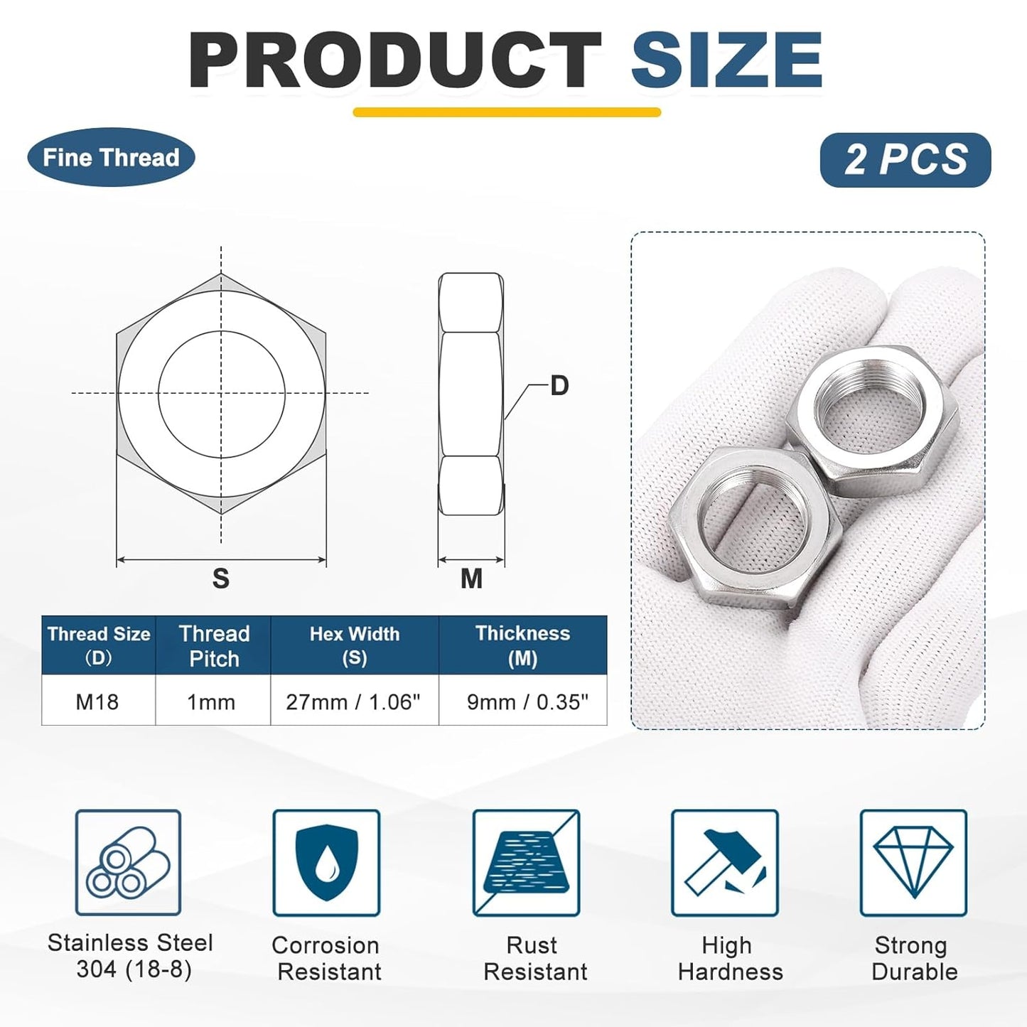 Premium 304 Stainless Steel M18x1mm Fine Thread Hex Lock Nuts Fasteners (2-Pack image 4
