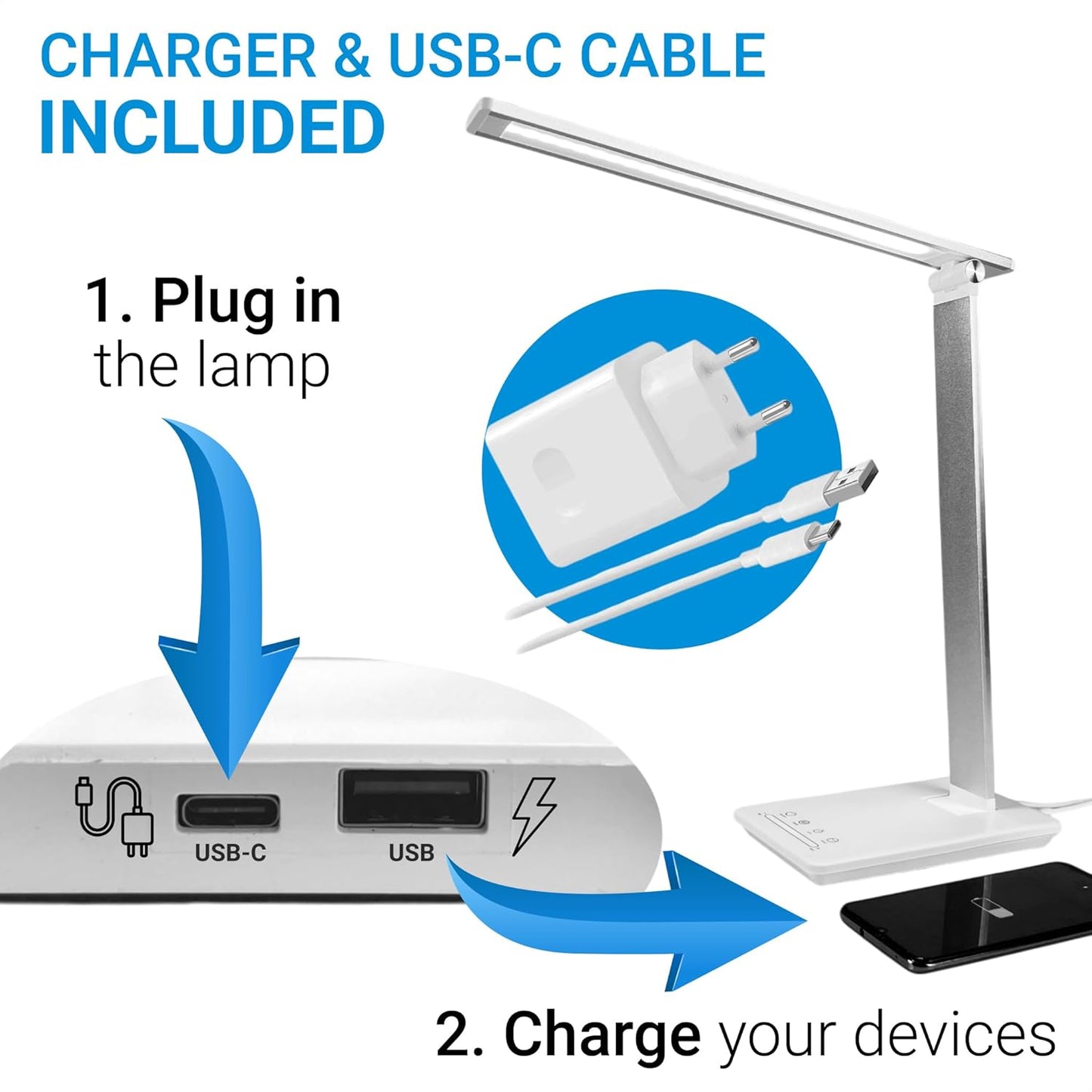 Maxter Silver Wireless LED Desk Lamp – 550 lumens, Touch Dimming, USB Charging image 2