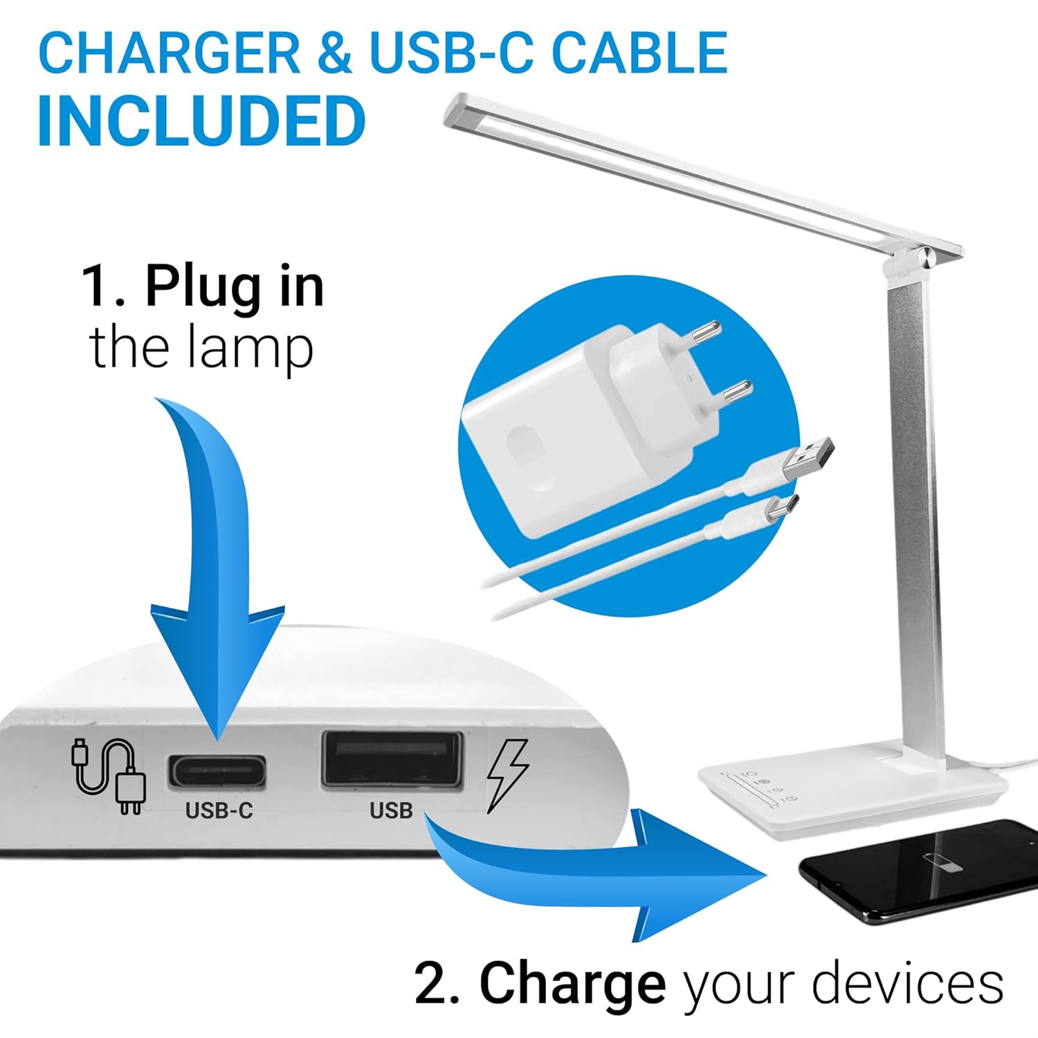 Maxter Silver Wireless LED Desk Lamp – 550 lumens, Touch Dimming, USB Charging image 2
