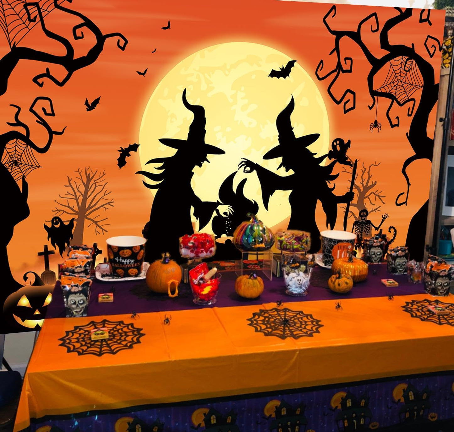 LTDKAEN Halloween Witch Spooky Party Backdrop Full Moon Cauldron Graveyard image 1