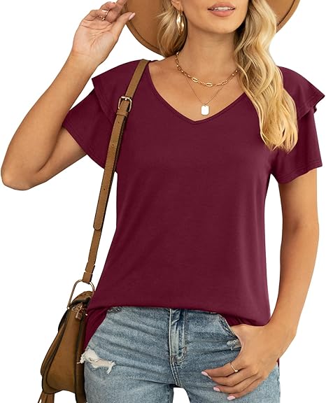 YVH Womens Summer Tops Casual V Neck Ruffle Short Sleeve T Shirts Loose Fit image 3