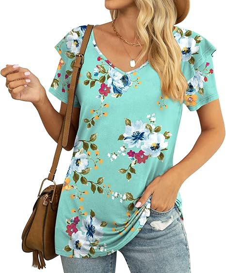YVH Womens Summer Tops Casual V Neck Ruffle Short Sleeve T Shirts Loose Fit image 1