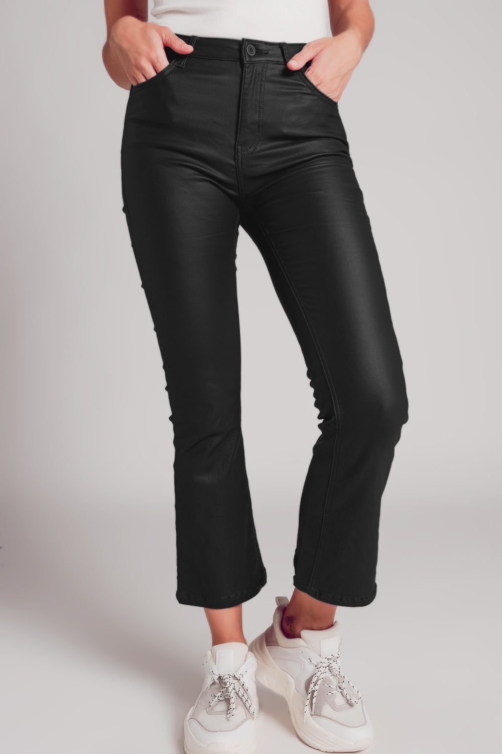 Stretch Faux Leather Flare Pants in Black image 0