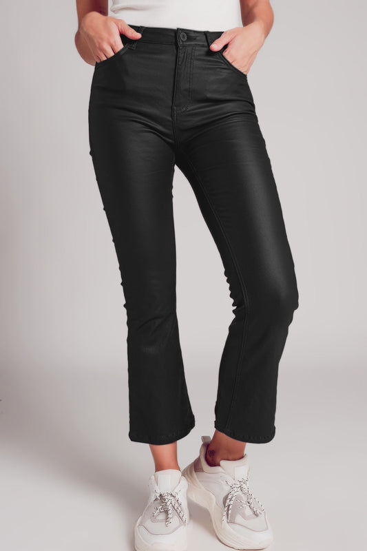 Stretch Faux Leather Flare Pants in Black image 0
