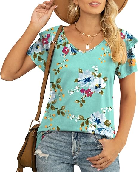 YVH Womens Summer Tops Casual V Neck Ruffle Short Sleeve T Shirts Loose Fit image 0