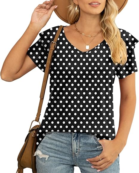 YVH Womens Summer Tops Casual V Neck Ruffle Short Sleeve T Shirts Loose Fit image 13