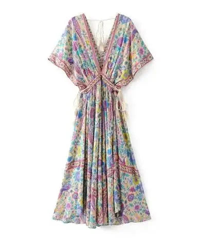 Boho Queens Women Peacock Floral Print Bat Sleeve Beach Bohemian  Maxi Dresses image 8