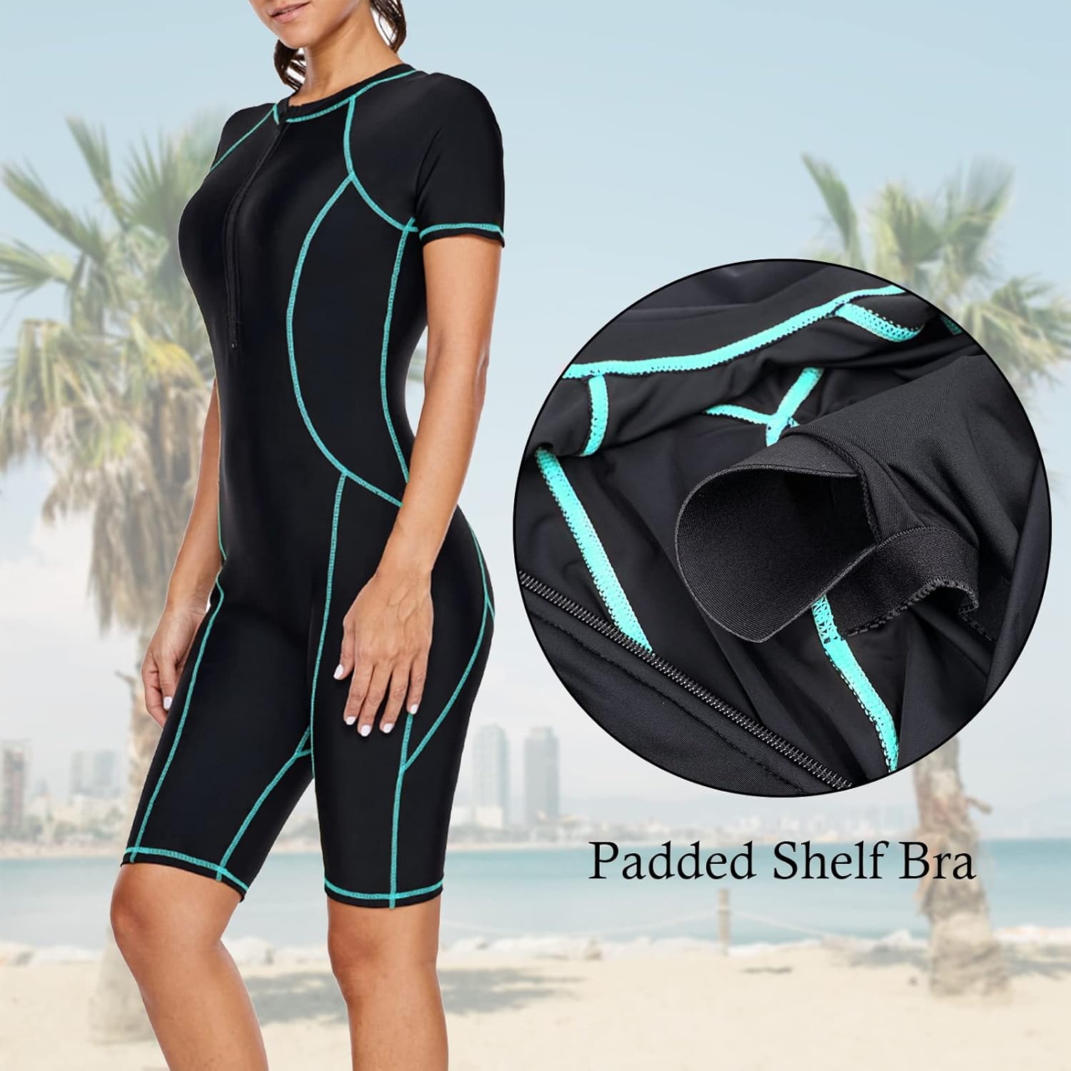 Jywmsc Women Zip Front Short Sleeve One Piece Surfing Swimsuits image 6