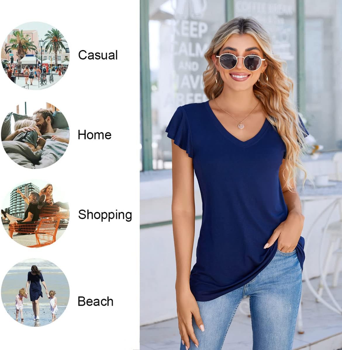 YVH Womens Summer Tops Casual V Neck Ruffle Short Sleeve T Shirts Loose Fit image 14