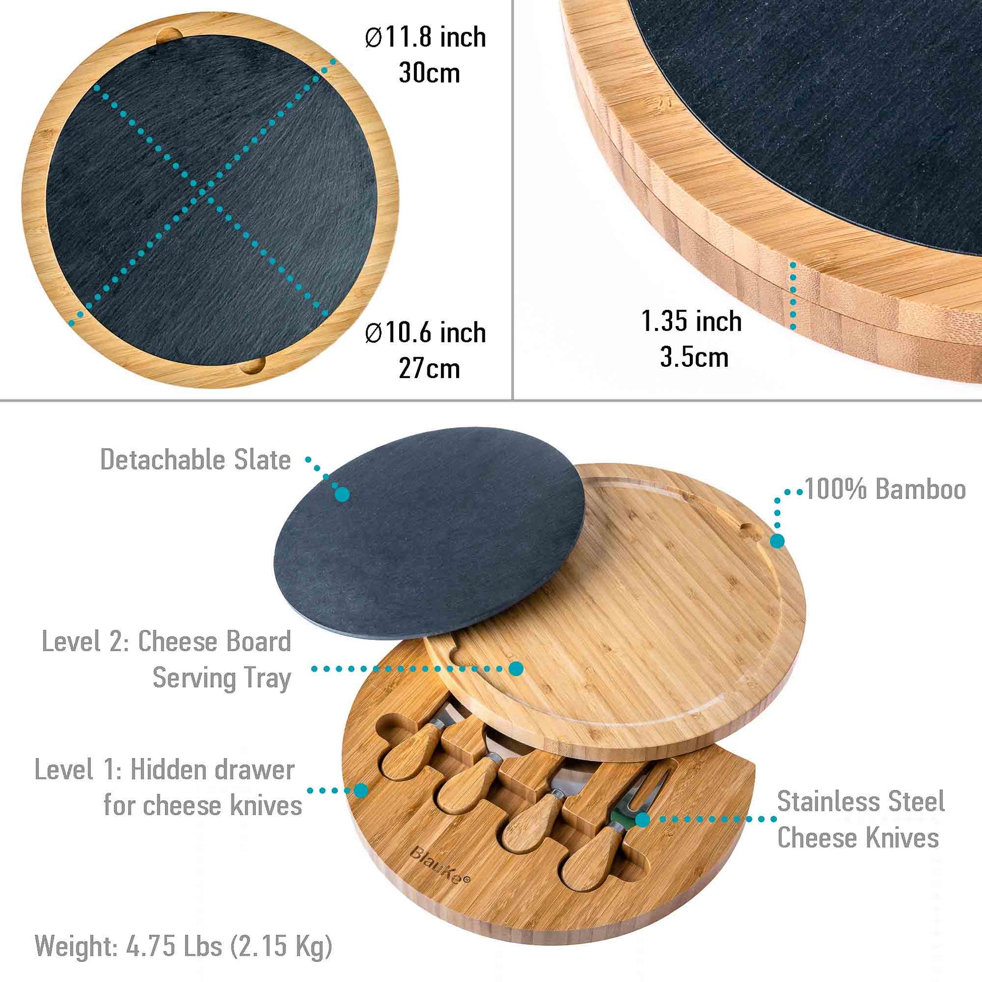 Round Bamboo Cheese Board With Knife Set and Removable Slate - 12 Inch image 3