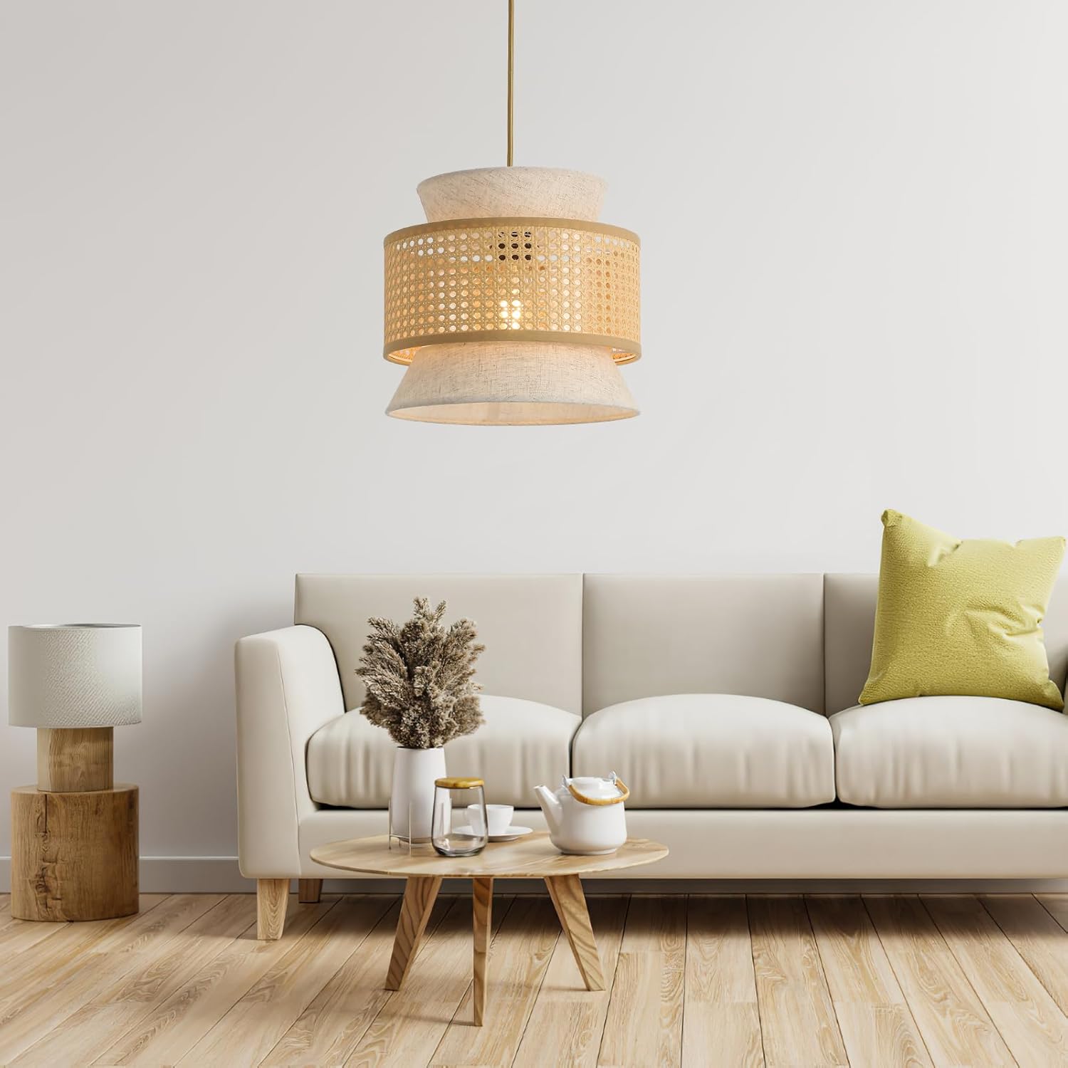 FORCOSO Vintage Pendant Light Rattan+Fabric, – Ø29 cm Wicker Fabric Shade image 4