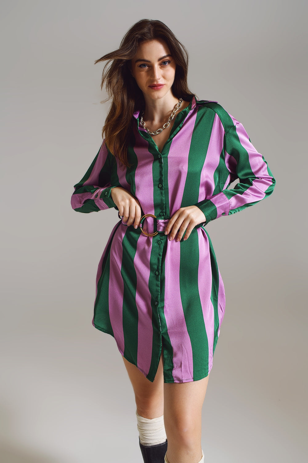 Short Shirt Dress in Lilac and Green Stripe image 0
