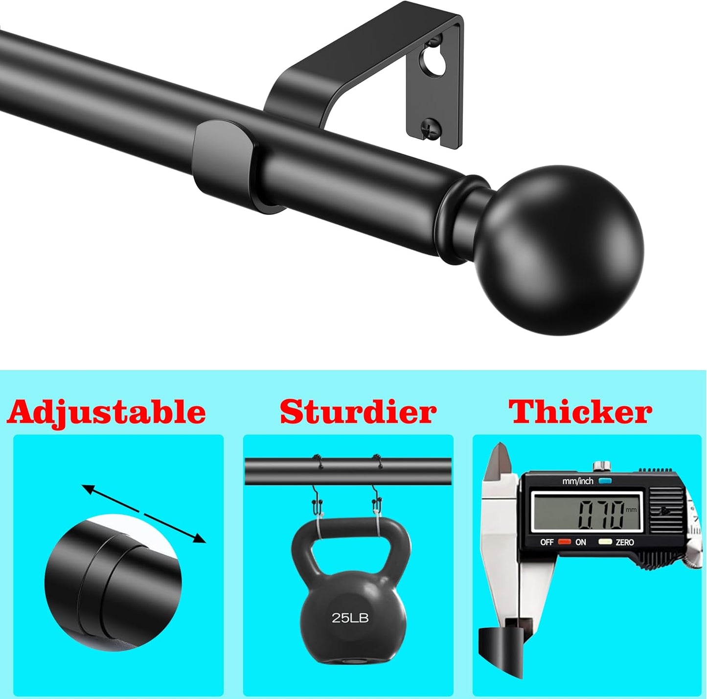 Adjustable Curtain Pole,Rod Length 80 to 214cm (32-84 inch), Black Curtain Rods image 2