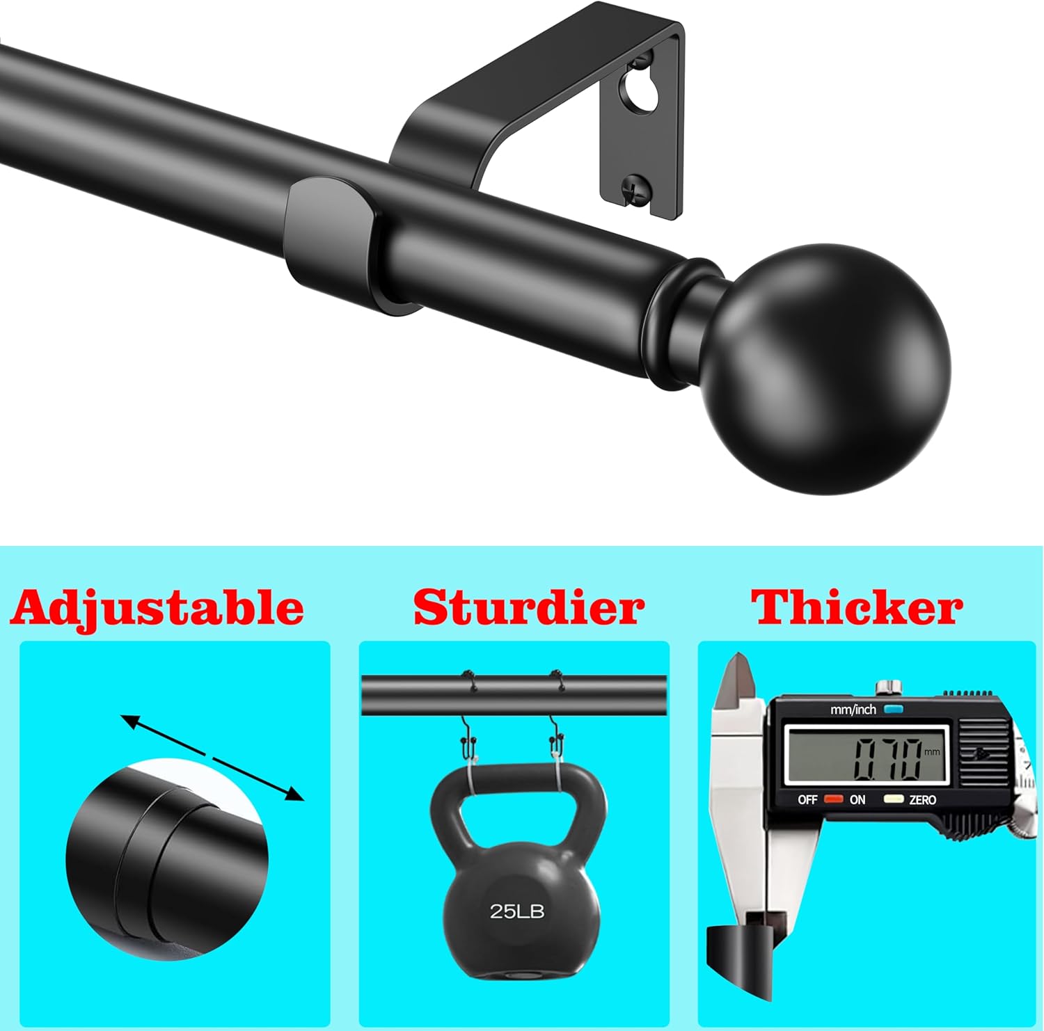 Adjustable Curtain Pole,Rod Length 80 to 214cm (32-84 inch), Black Curtain Rods image 2