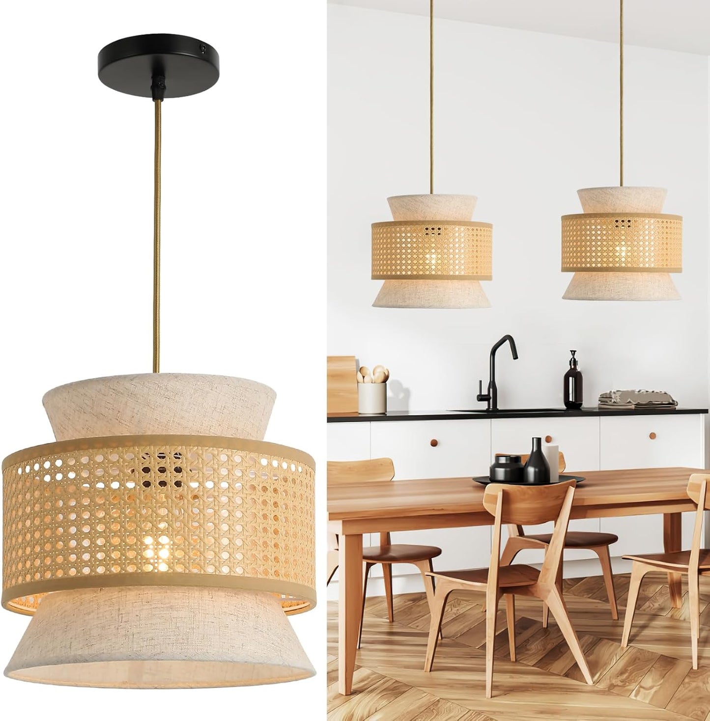 FORCOSO Vintage Pendant Light Rattan+Fabric, – Ø29 cm Wicker Fabric Shade image 7